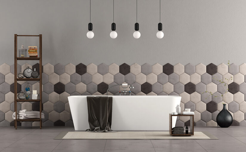 Bathroom with bathtub and hexagonal tiles