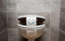 ceramic clean toilet bowl and toilet paper with smiley face in m