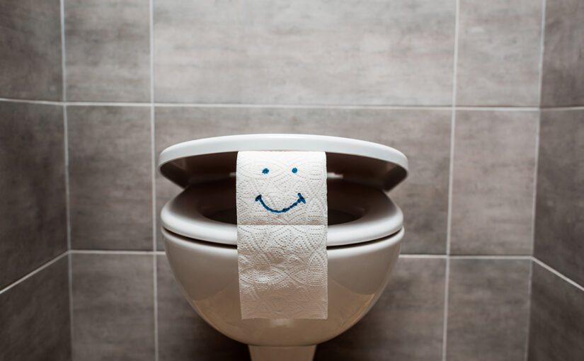 ceramic clean toilet bowl and toilet paper with smiley face in m